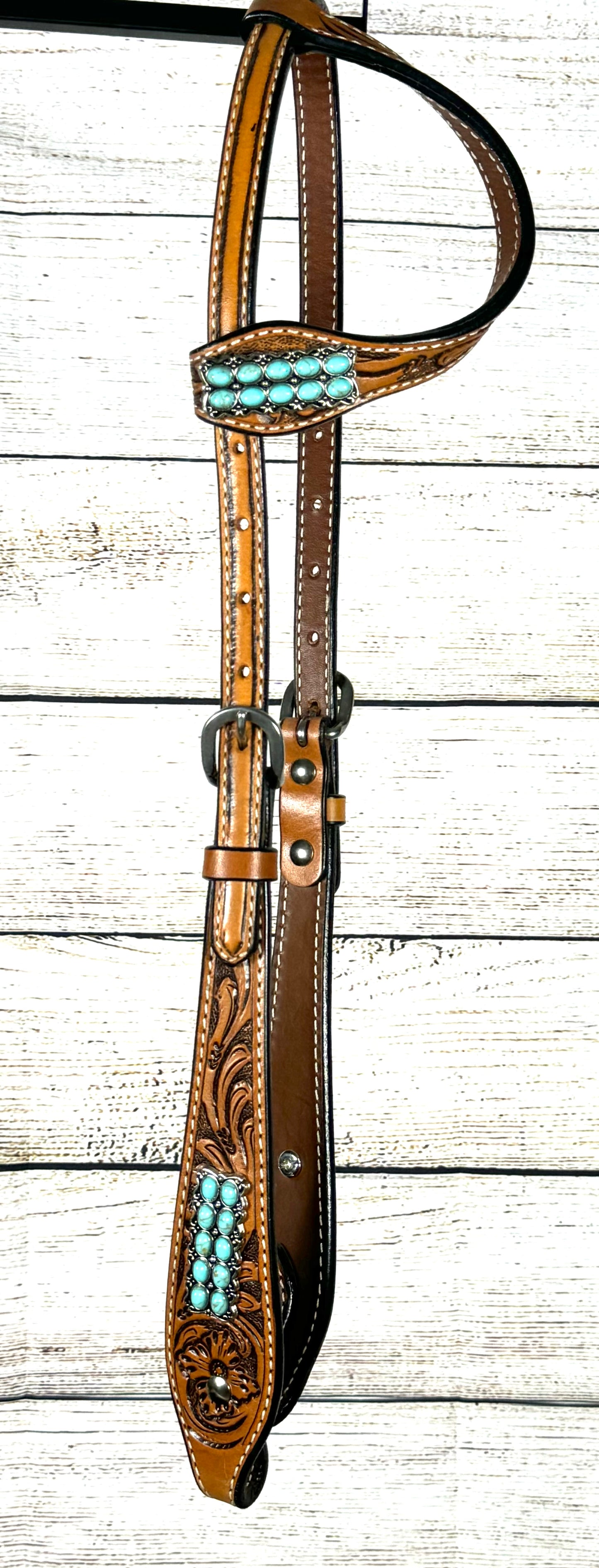 Floral Tooled Headstall with Turquoise