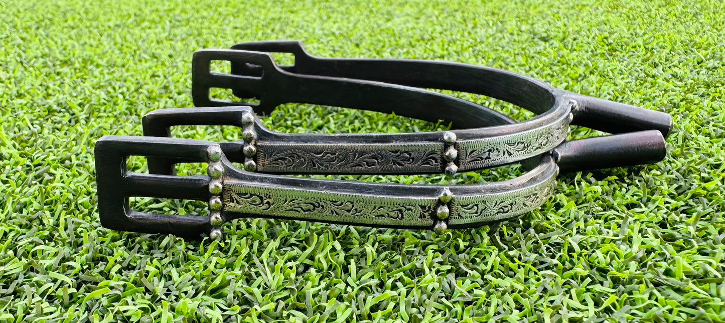 Ladies Blackl 1" Floral Engraved Prince of Wales English Spurs with Dots