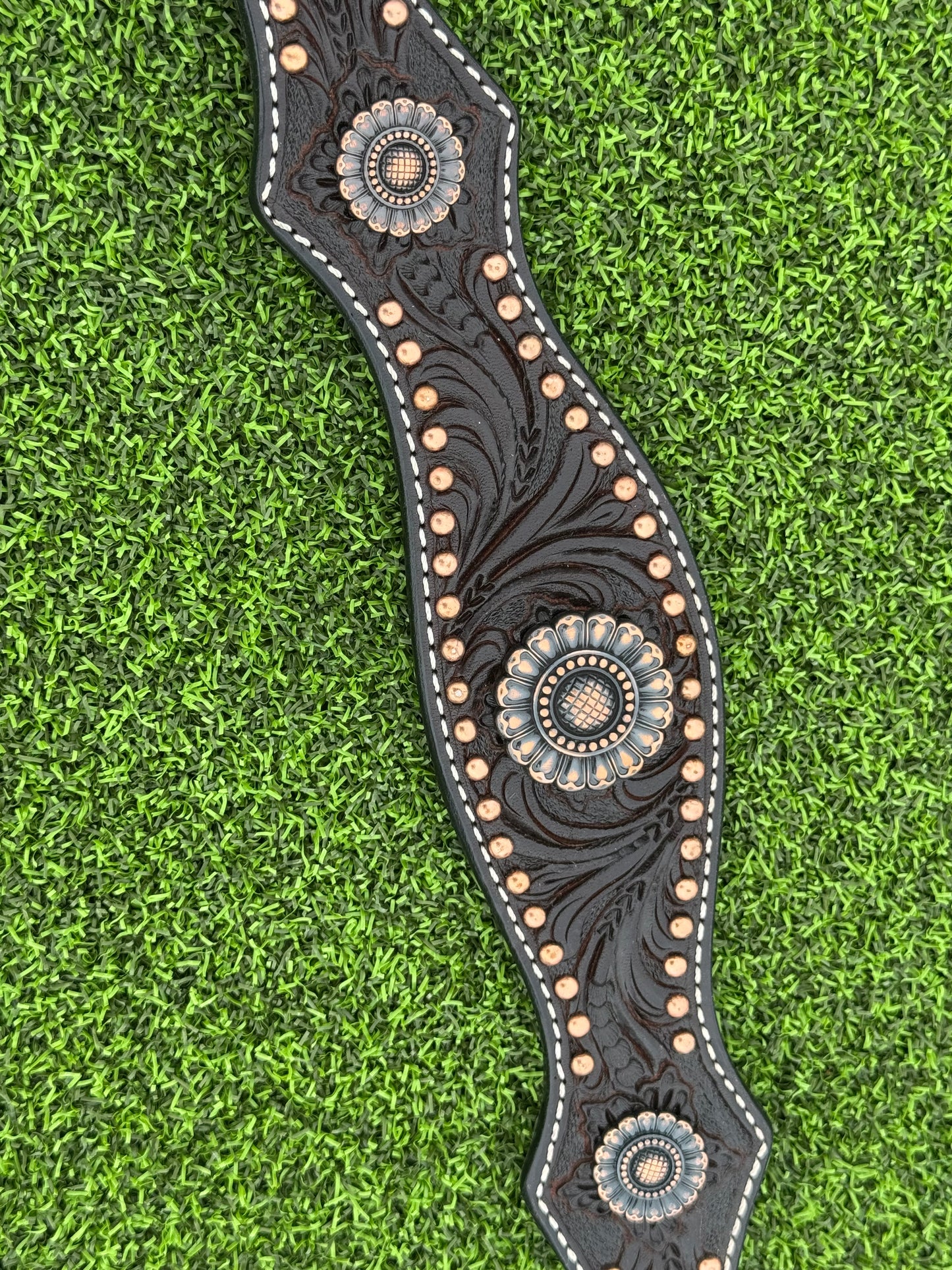 Dark Oil Tooled Breastcollar with Copper Dots and Copper Flower Conchos