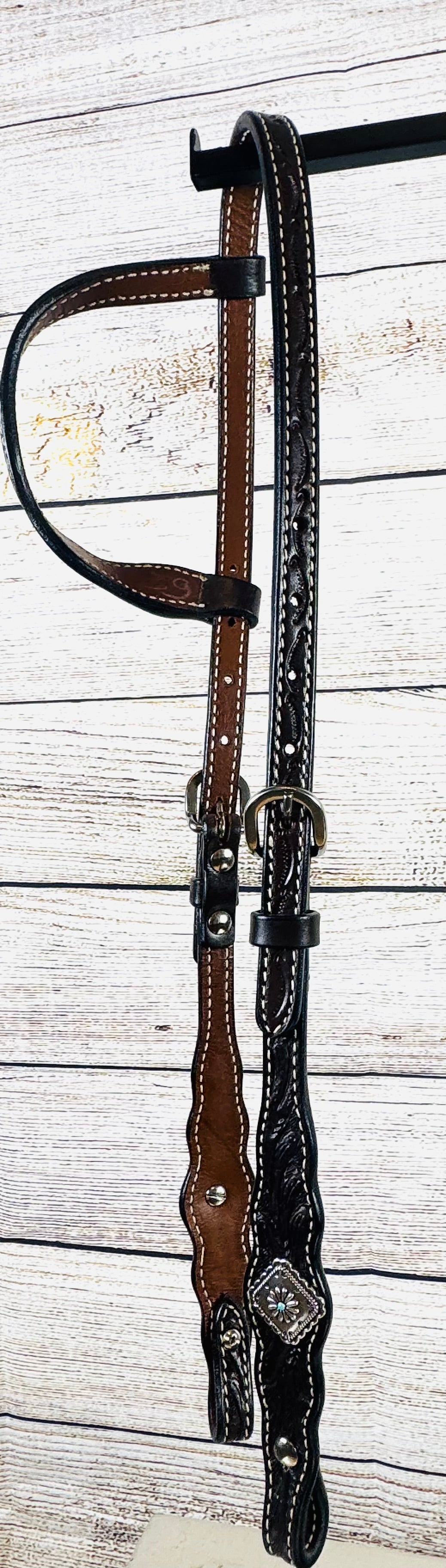 Chocolate Tooled Headstall with Silver & Turquoise Conchos