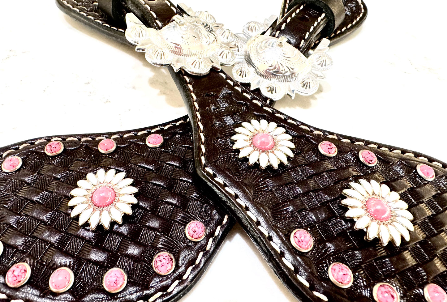 Ladies Dark Chocolate Daisy Basketweave Western Spur Straps