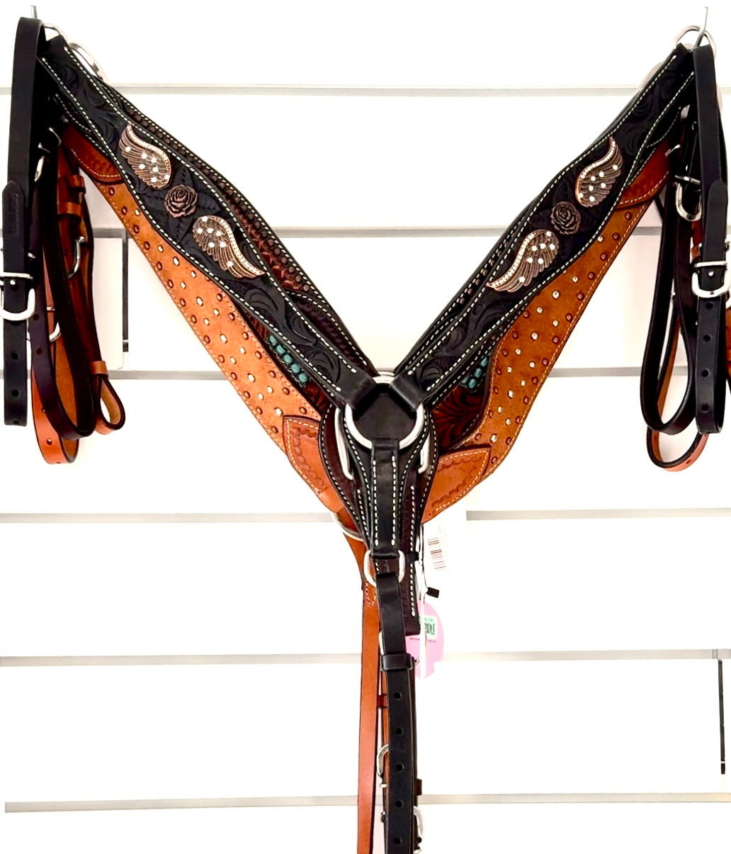 Black Floral Tooled Breastcollar with Bronze Angel Wings and Flower Conchos