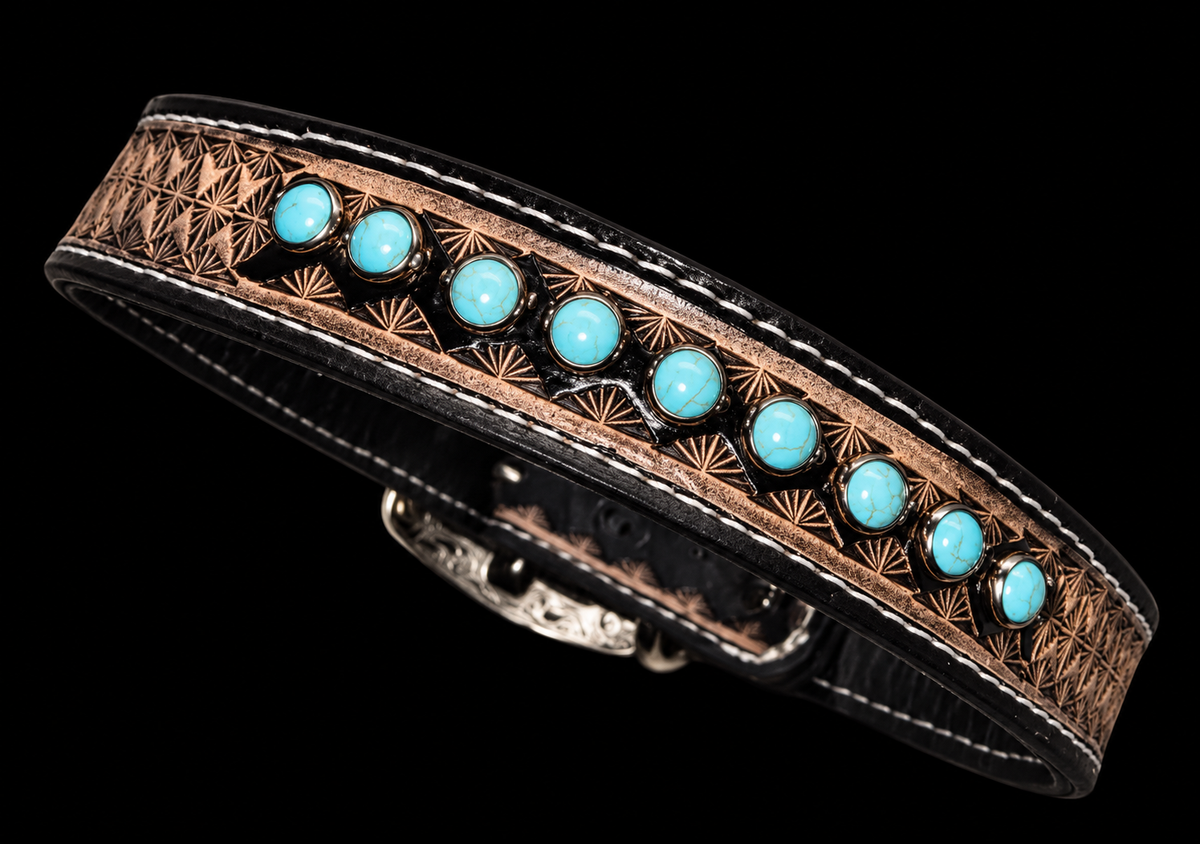 Fairytail Leather Co Black Dog Collar with Turquoise Stones, 16”-19”