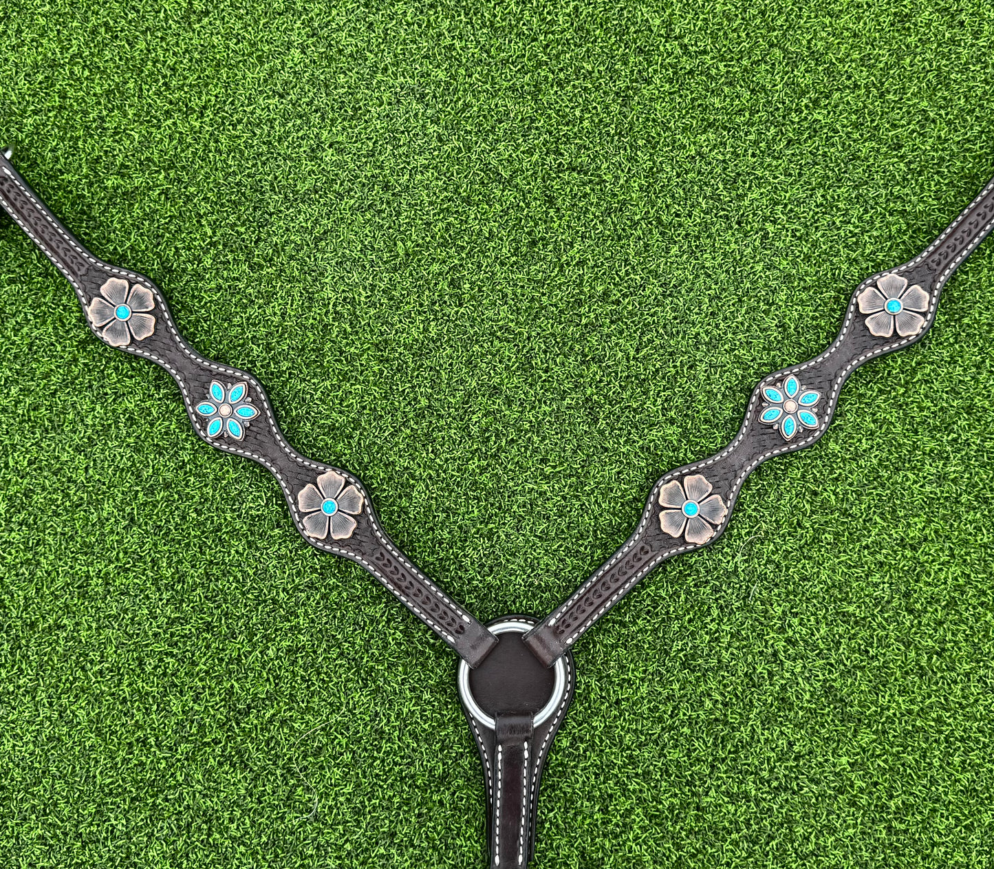 Dark Oil Scalloped Breastcollar with Copper & Turquoise Flowers