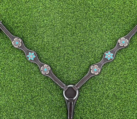Dark Oil Scalloped Breastcollar with Copper & Turquoise Flowers