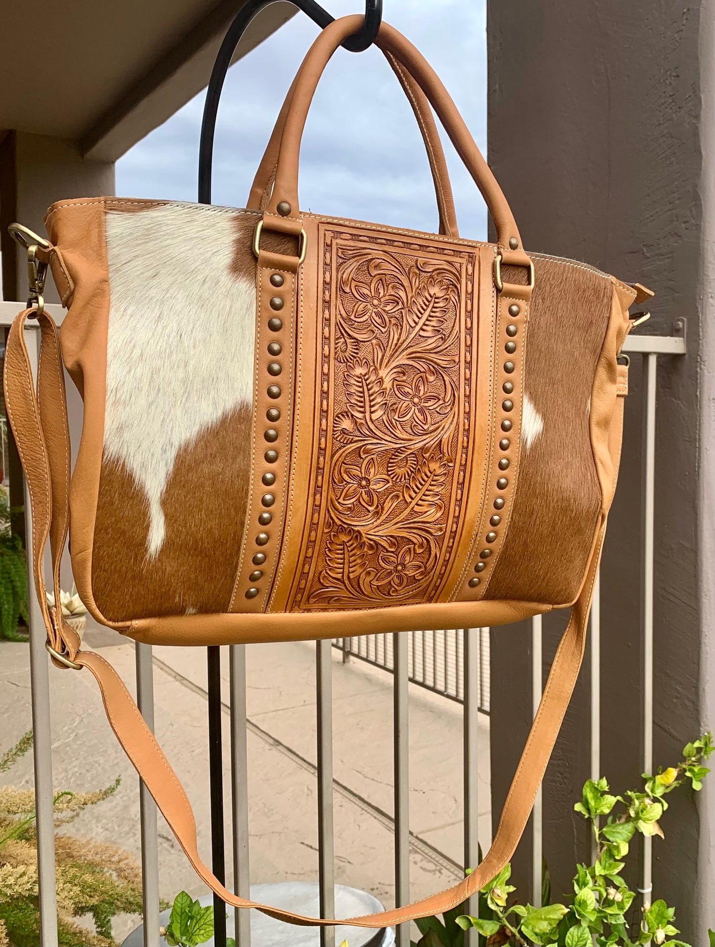 Tan and White Leather and Cowhide Purse