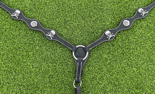 Black Scalloped Basketweave Breastcollar with Skull and Flower Conchos