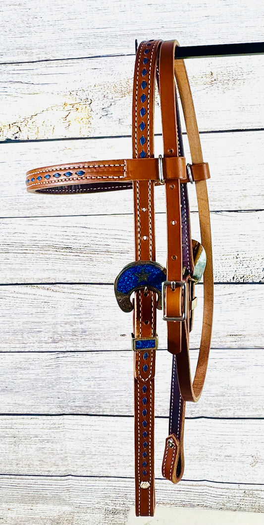 Blue Buckstitch Harness Leather Browband Headstall