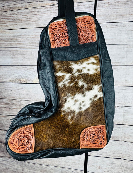 Brown and White Cowhide Boot Bag