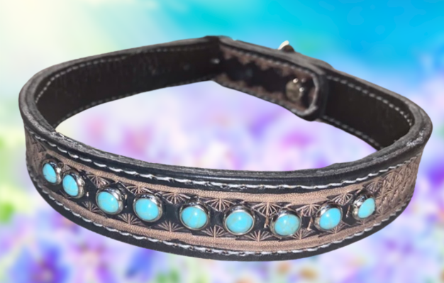 Fairytail Leather Co Black Dog Collar with Turquoise Stones