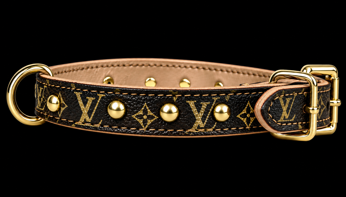 Fairytail Leather Co Black and Gold Designer Dog Collar, 14”-16.5”