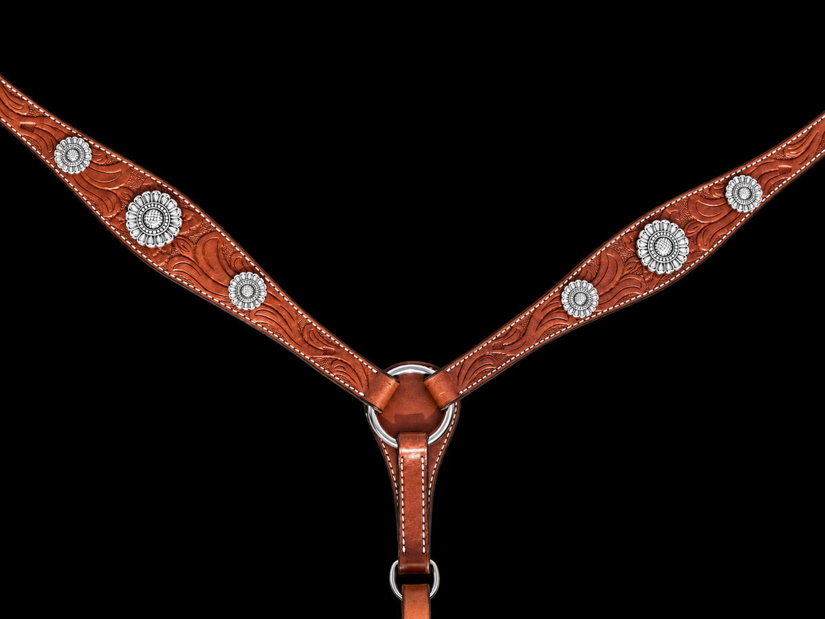 Medium Oil Floral Tooled Breastcollar with Silver Conchos