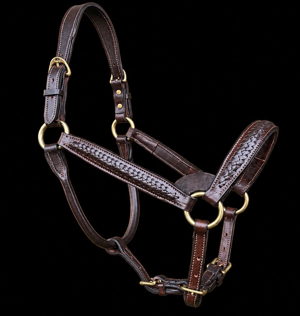 Braided Havana Horse Size English Show Halter (Brass)