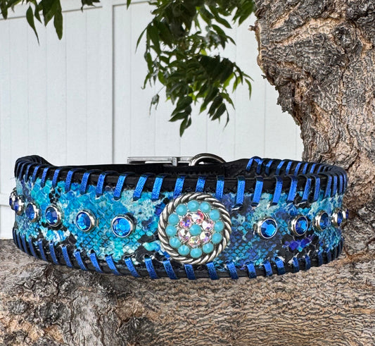 Fairytail Leather Blue Dog Collar, 16”-19”