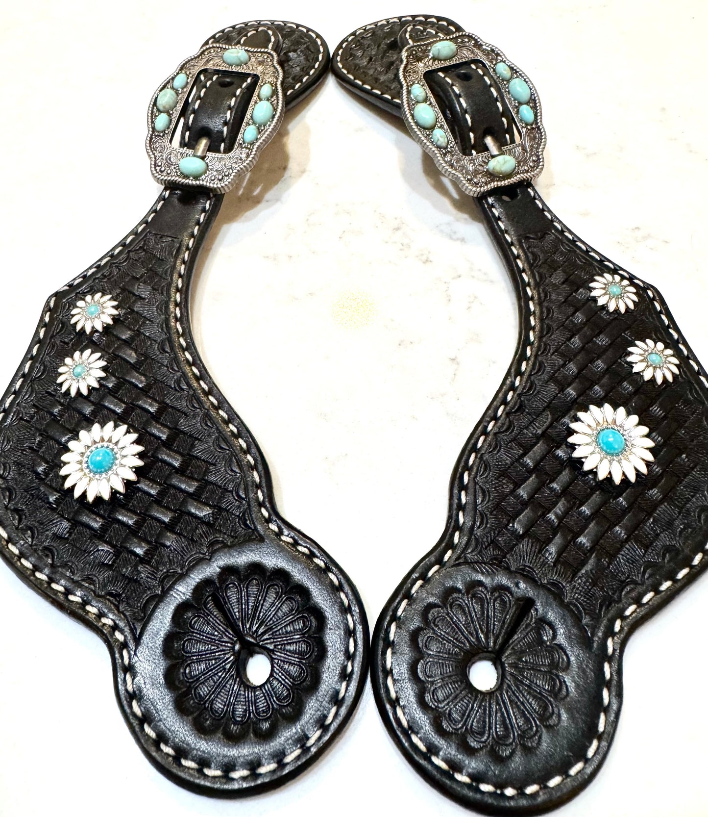 Ladies Black Daisy Basketweave Western Spur Straps