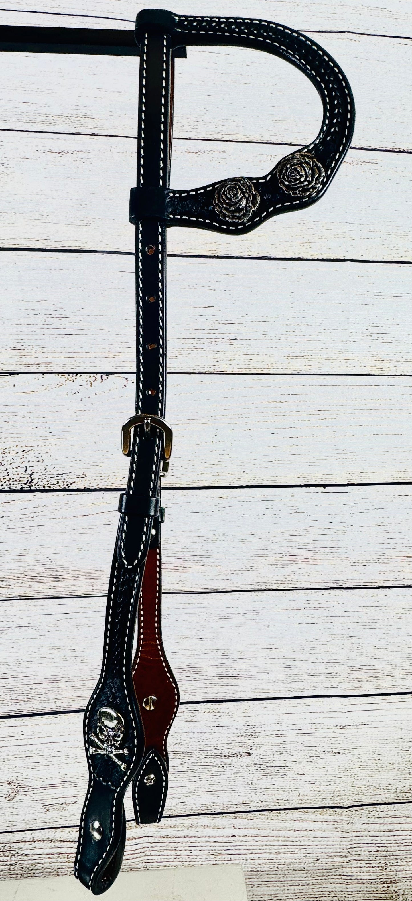 Black Headstall with Skulls and Flowers