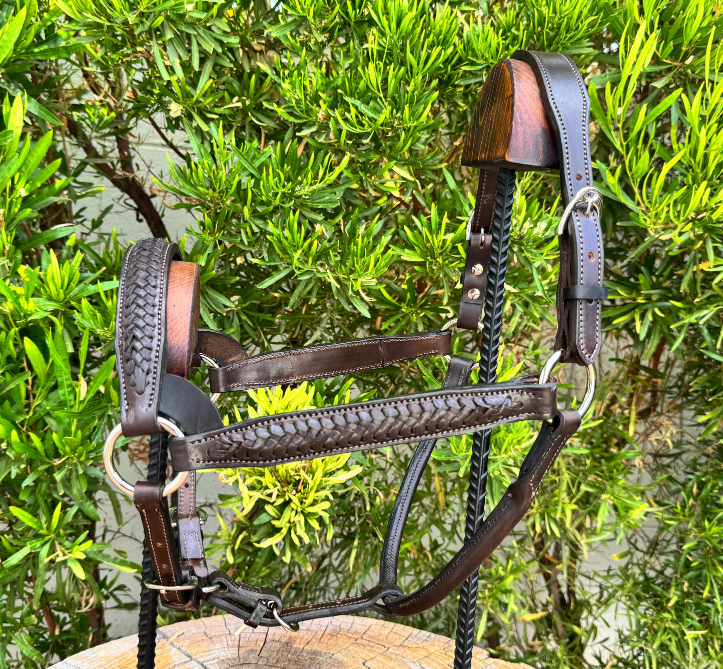 Braided Havana Horse Size English Show Halter (Silver)