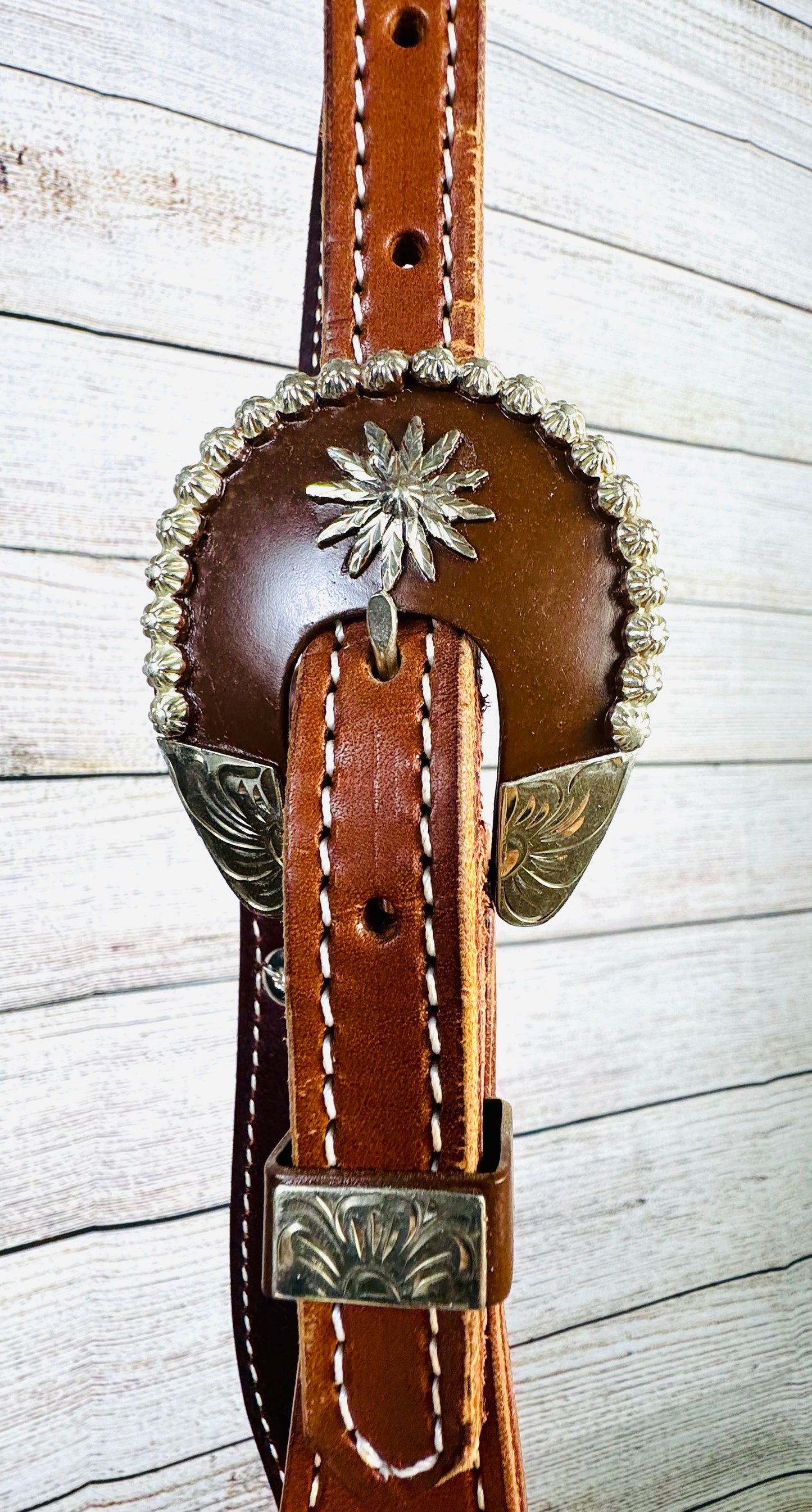 Russet Harness Leather Headstall with Brown and Silver Buckles