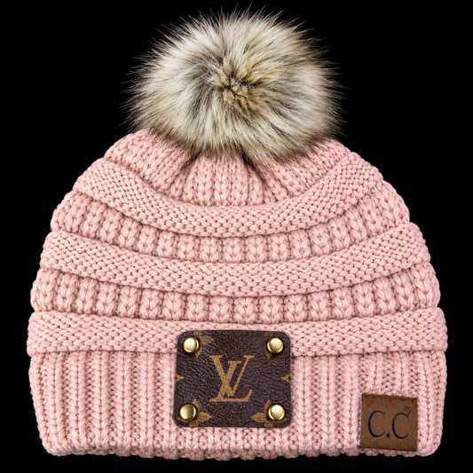 Pink Upcycled LV C.C. "Pom Pom" Beanie