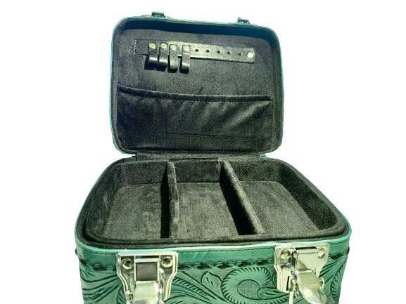 Turquoise Tooled Leather Jewelry Box with Buckstitch