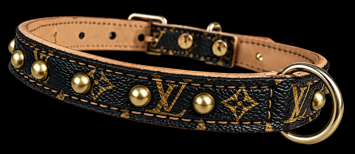 Fairytail Leather Co Black and Gold Designer Dog Collar, 14”-16.5”