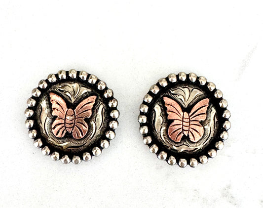 Antique Silver Overlay Butterfly Conchos, Set of Two, 1.25”