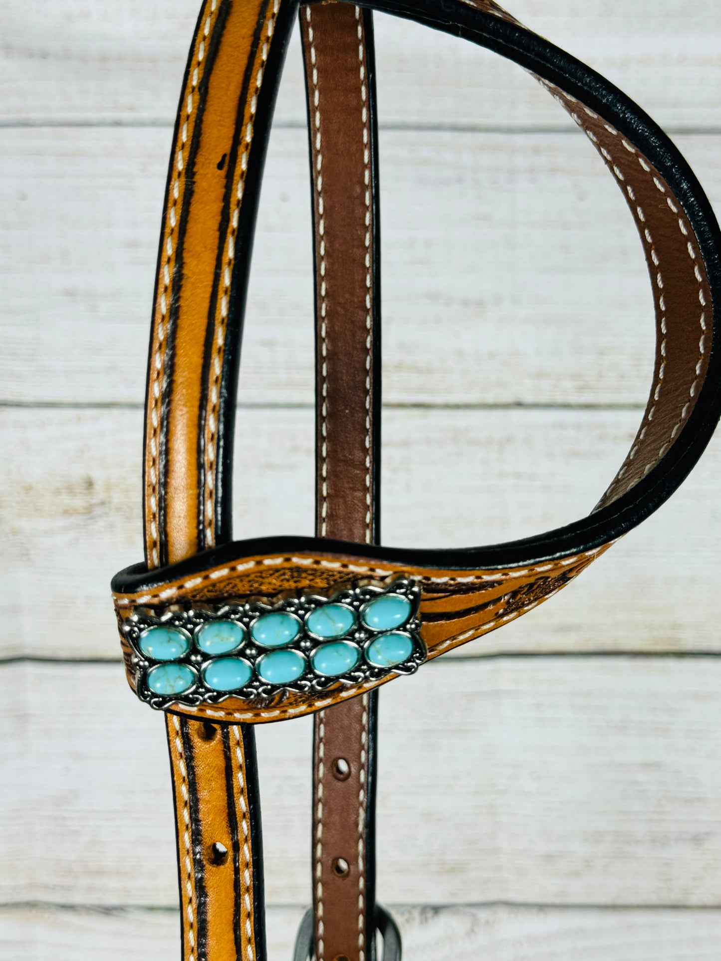 Floral Tooled Headstall with Turquoise