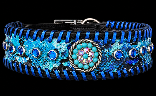 Fairytail Leather Blue Dog Collar, 16”-19”