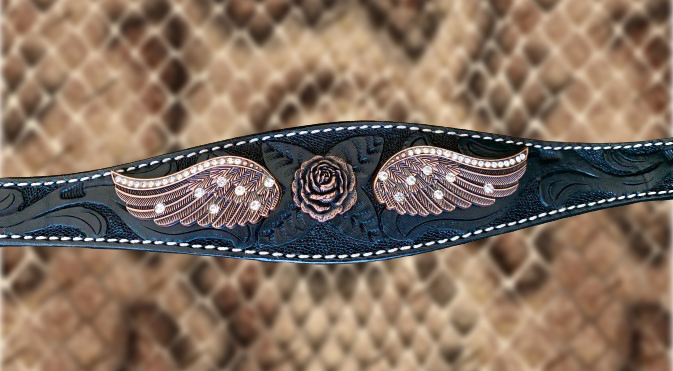 Black Floral Tooled Breastcollar with Bronze Angel Wings and Flower Conchos