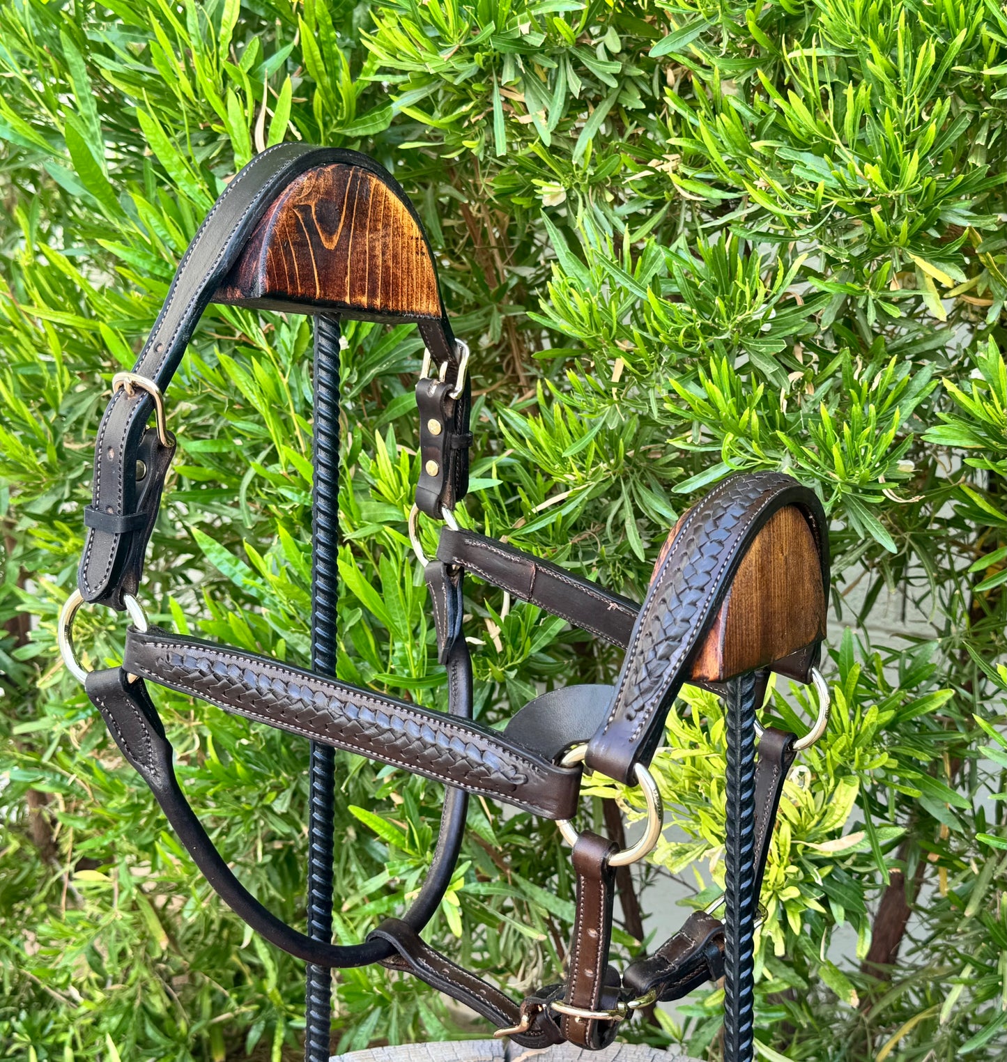 Braided Havana Horse Size English Show Halter (Brass)