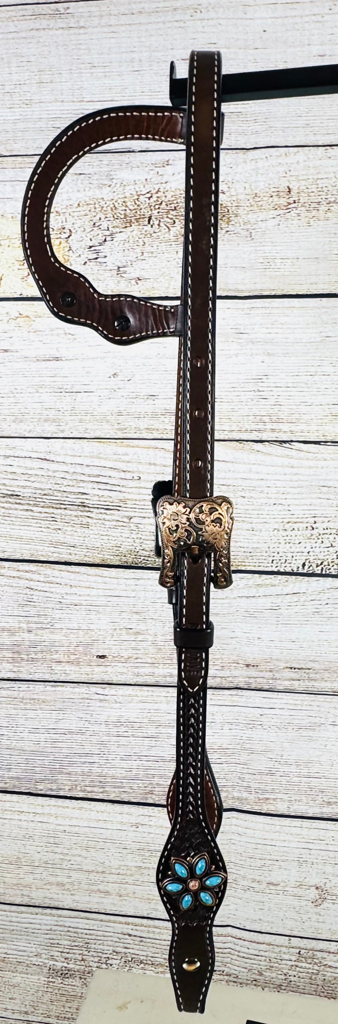 Dark Brown Basketweave Scalloped Headstall with Copper & Turquoise Flowers