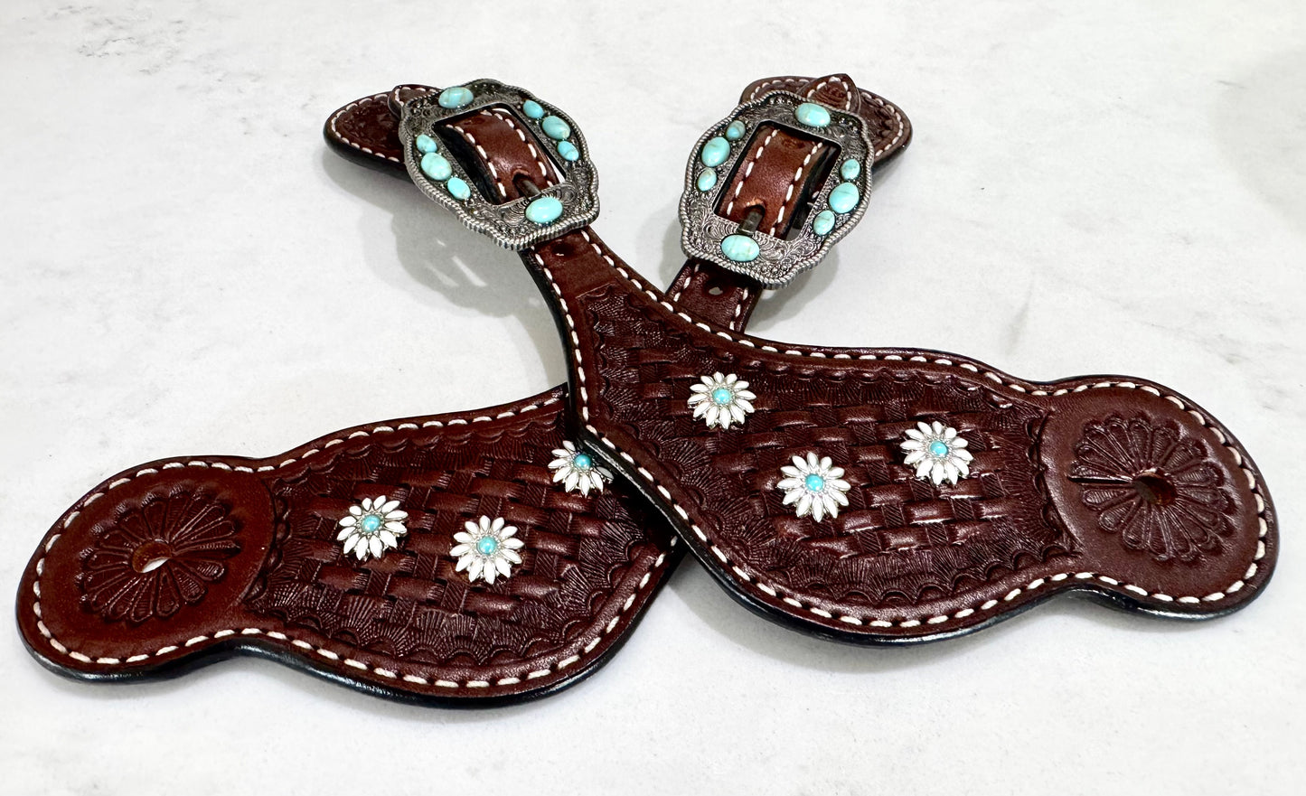 Ladies Brown Daisy Basketweave Western Spur Straps