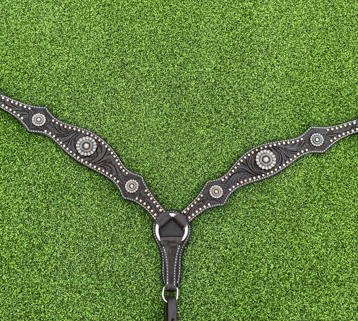 Dark Oil Tooled Breastcollar with Copper Dots and Copper Flower Conchos