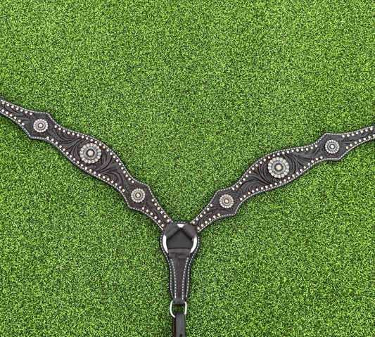 Dark Oil Tooled Breastcollar with Copper Dots and Copper Flower Conchos