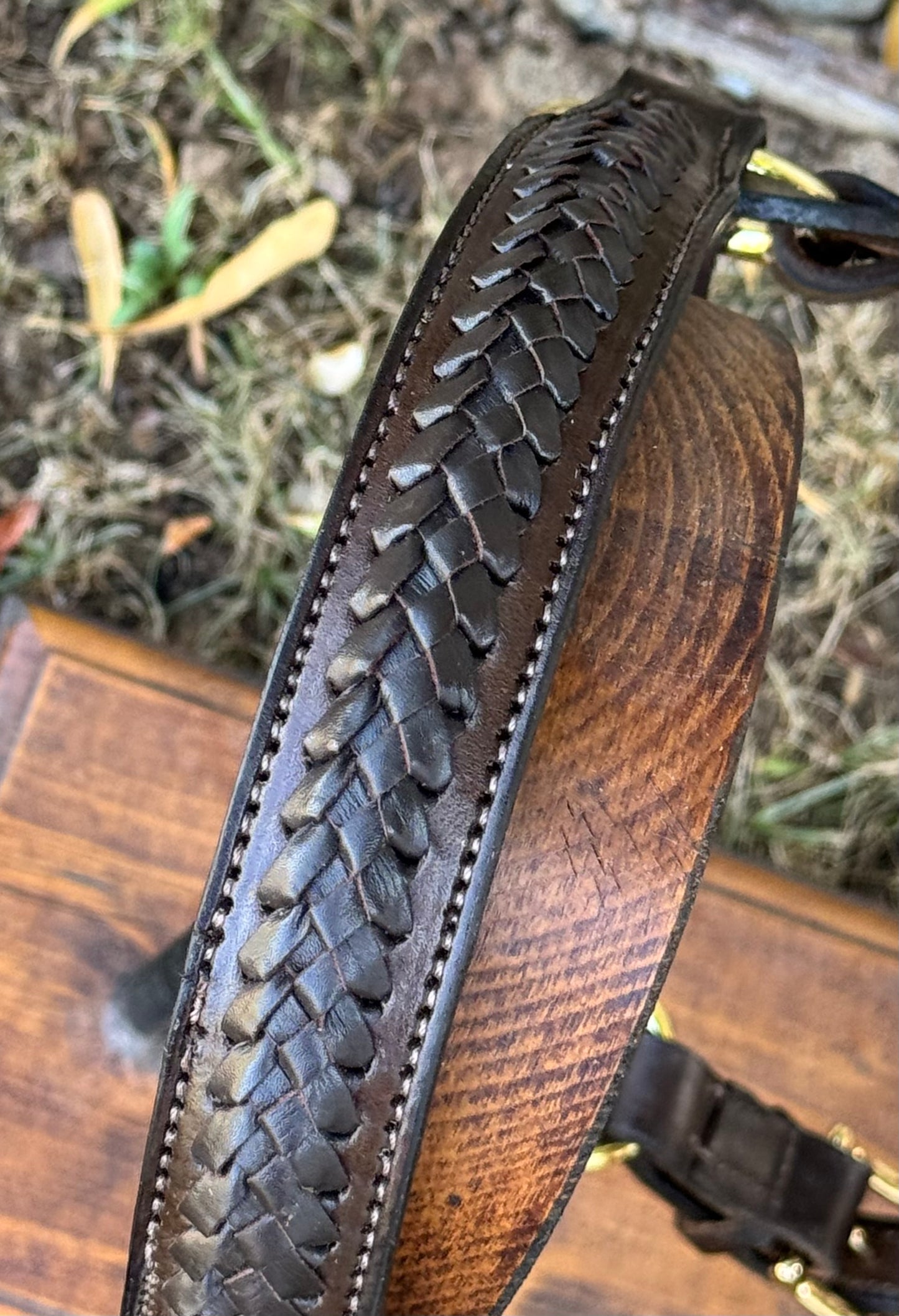 Braided Havana Horse Size English Show Halter (Brass)