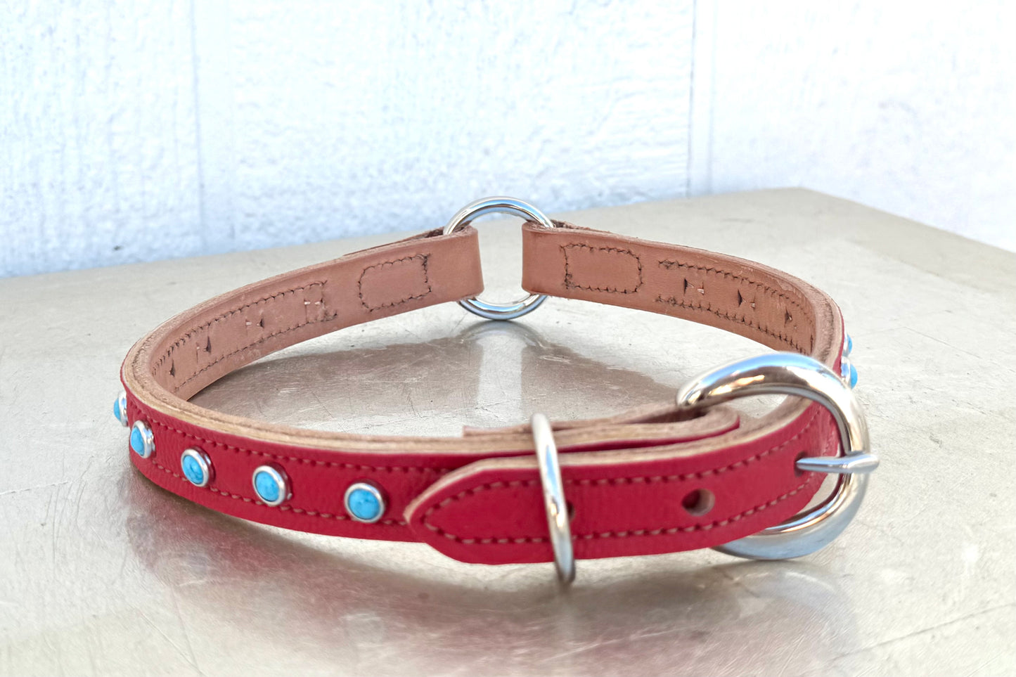 Fairytail Leather Co Red and Tan Designer Dog Collar, 18”-20”