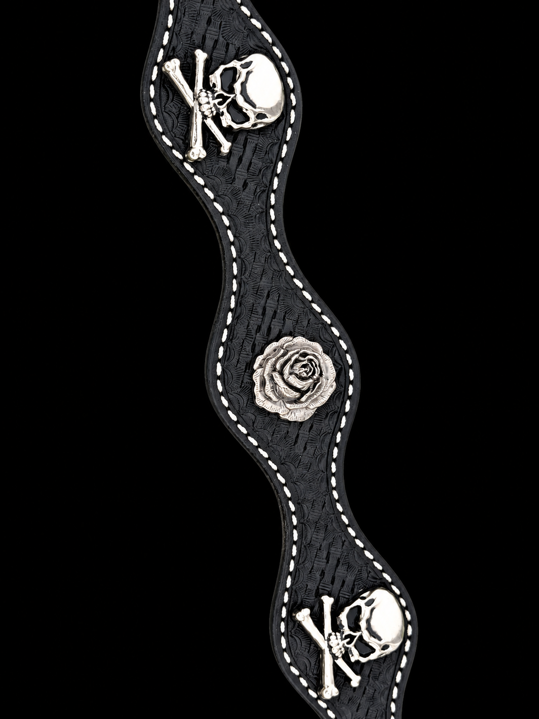 Black Scalloped Basketweave Breastcollar with Skull and Flower Conchos