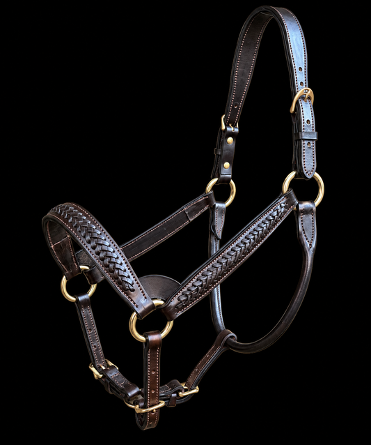 Braided Havana Horse Size English Show Halter (Brass)