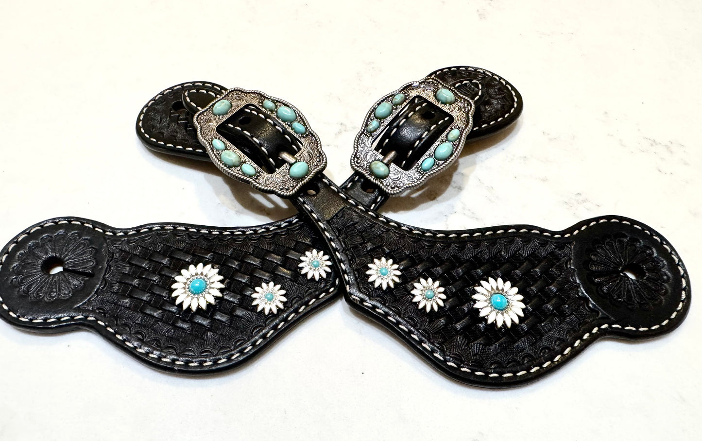 Ladies Black Daisy Basketweave Western Spur Straps