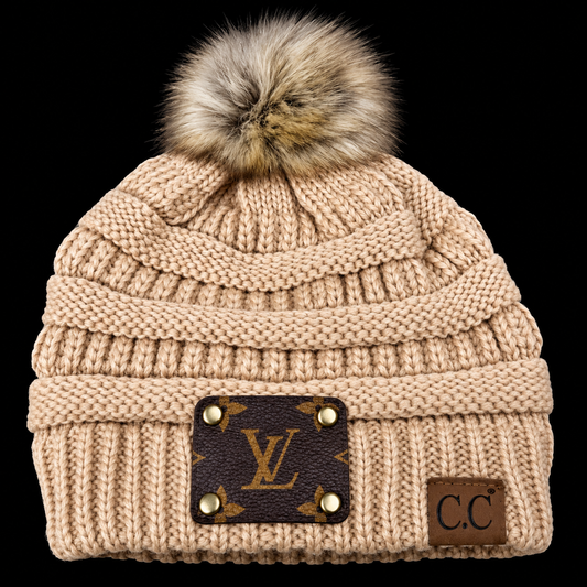 Peach Upcycled LV C.C. "Pom Pom" Beanie