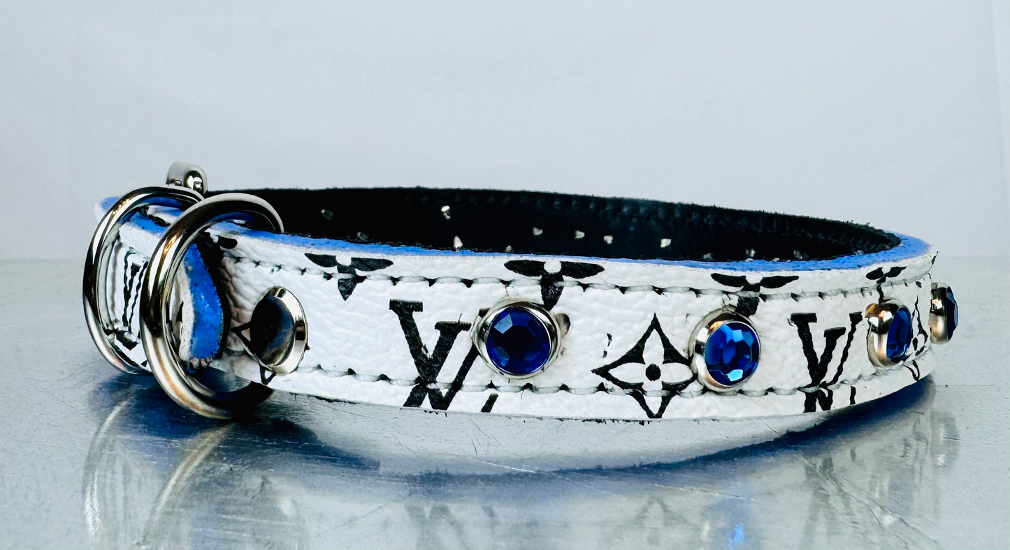 Fairytail Leather Co Black, White & Blue Designer Dog Collar