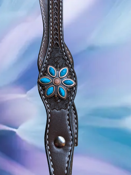 Dark Basketweave Scalloped Headstall with Copper & Turquoise Flowers