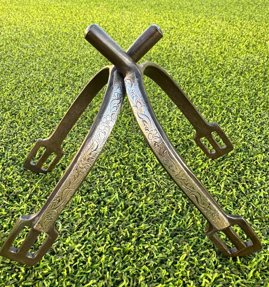 Ladies Black 1" Floral Engraved Silver Prince of Wales English Spurs