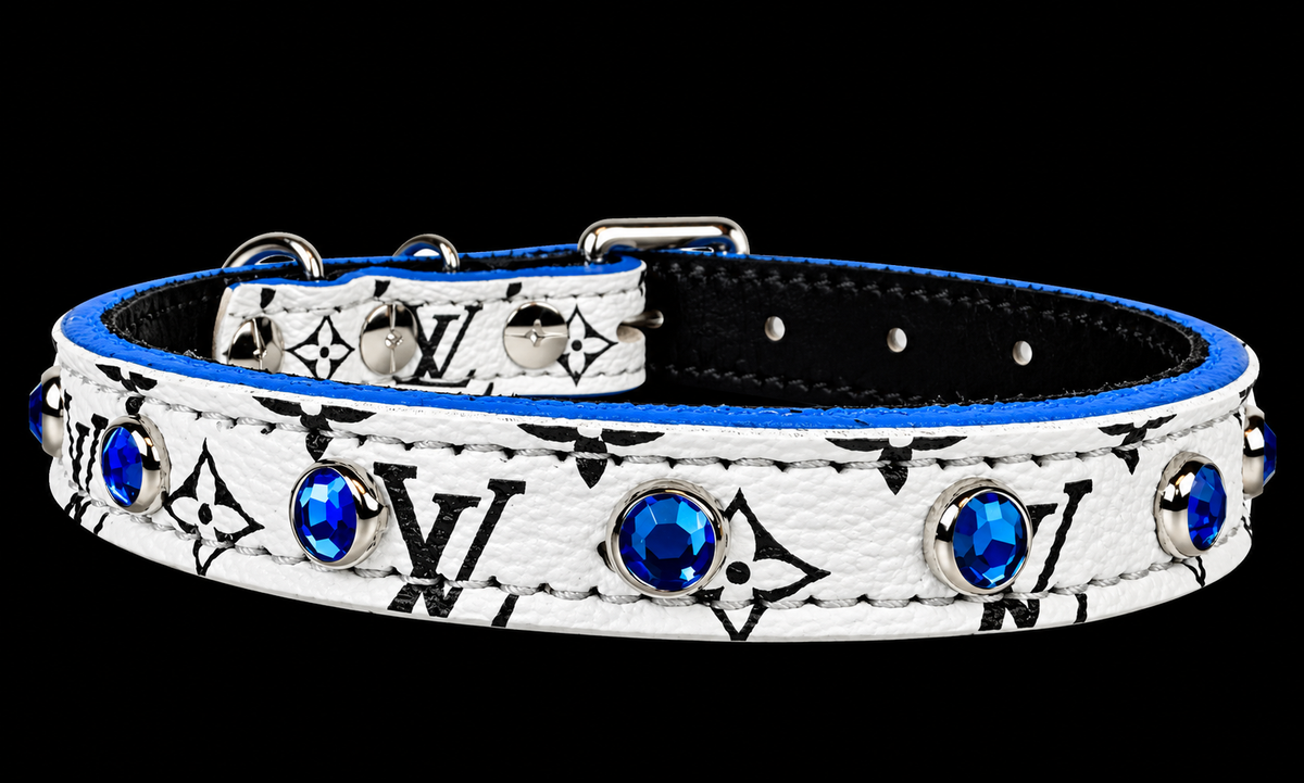 Fairytail Leather Co Black, White & Blue Designer Dog Collar, 13”-15.5”
