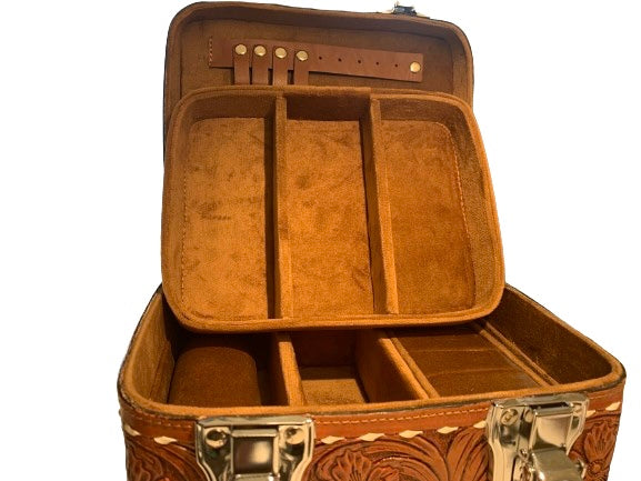 Brown Tooled Leather Jewelry Box with Buckstitch