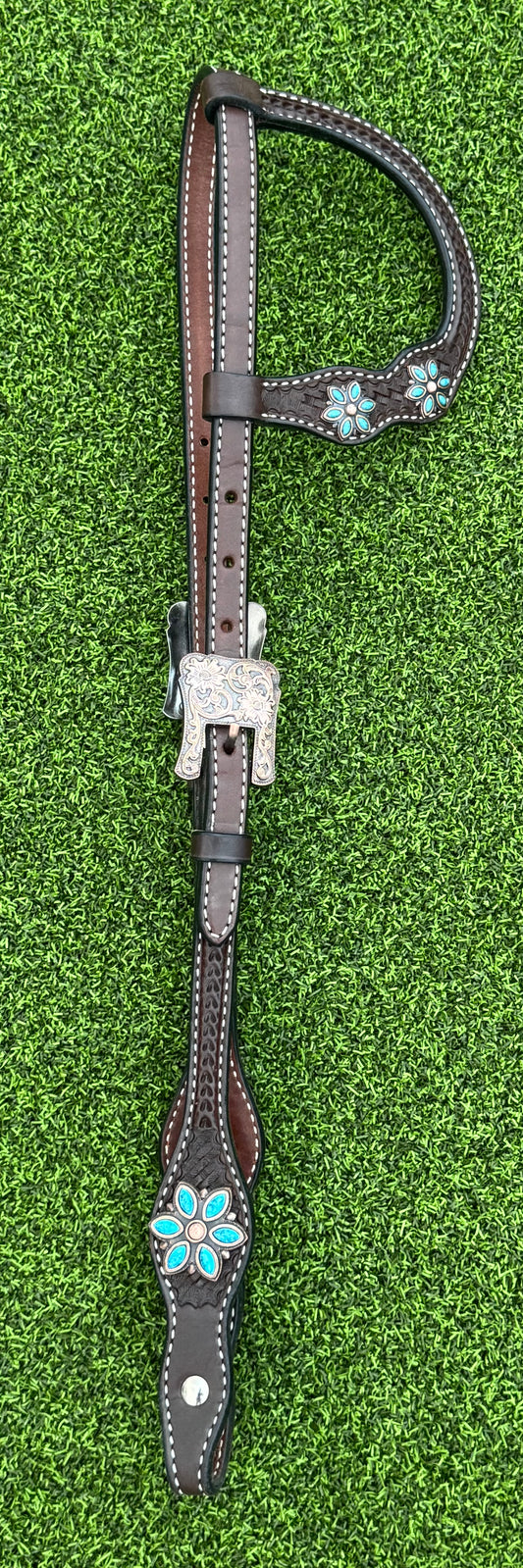 Dark Brown Basketweave Scalloped Headstall with Copper & Turquoise Flowers