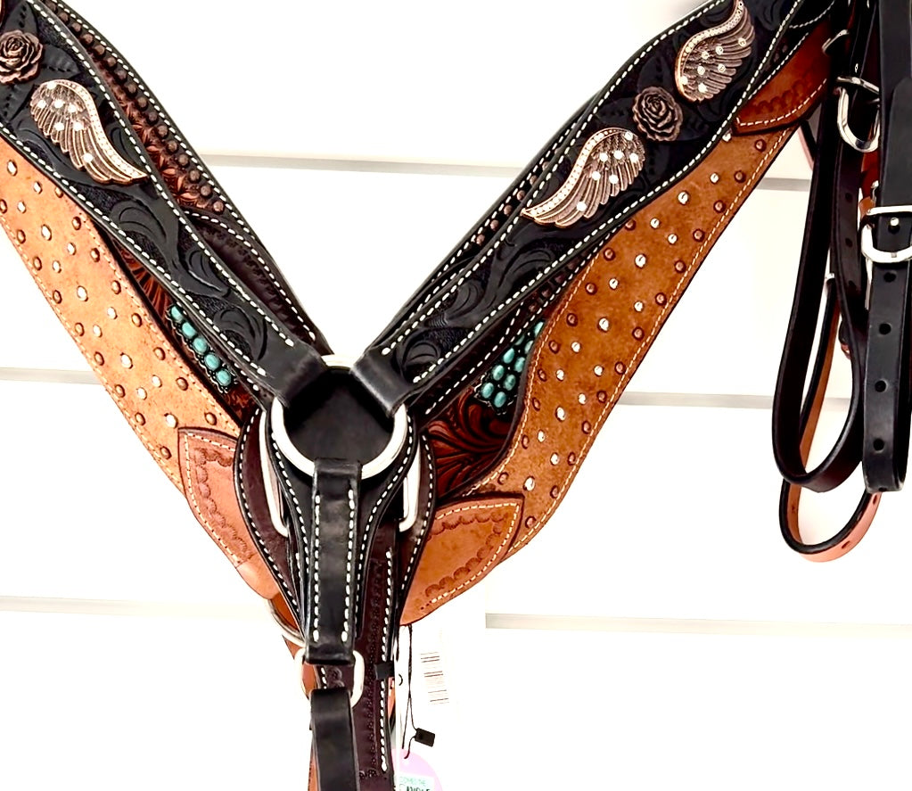 Black Floral Tooled Breastcollar with Bronze Angel Wings and Flower Conchos