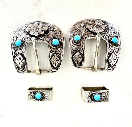 Antique Silver Overlay and Turquoise Buckles, 3/4”