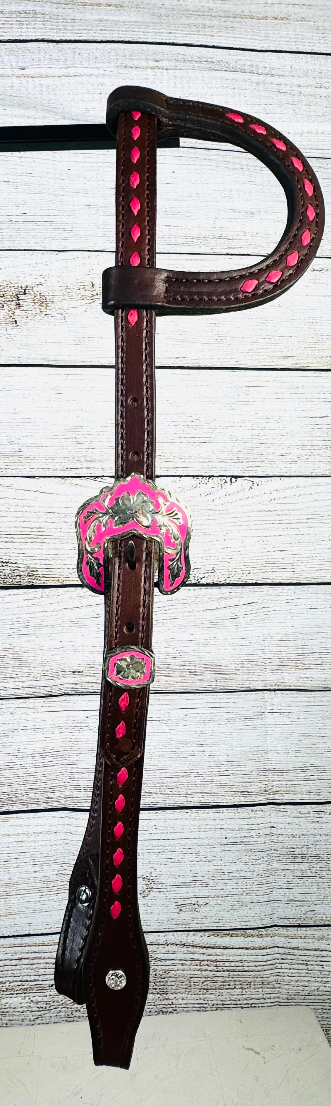 “Pretty in Pink” Chocolate Harness Leather Headstall