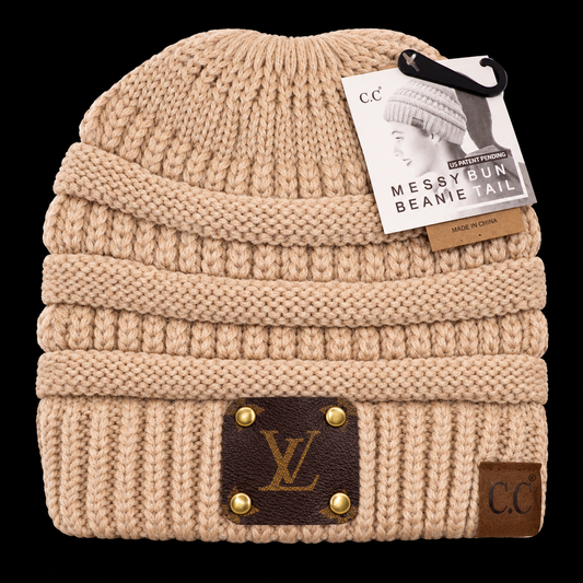 Upcycled LV C.C. "Messy Bun" Beanie